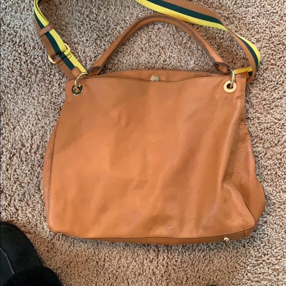 Mark & Graham Tan Leather Shoulder Bag with Striped Green-Yellow Strap